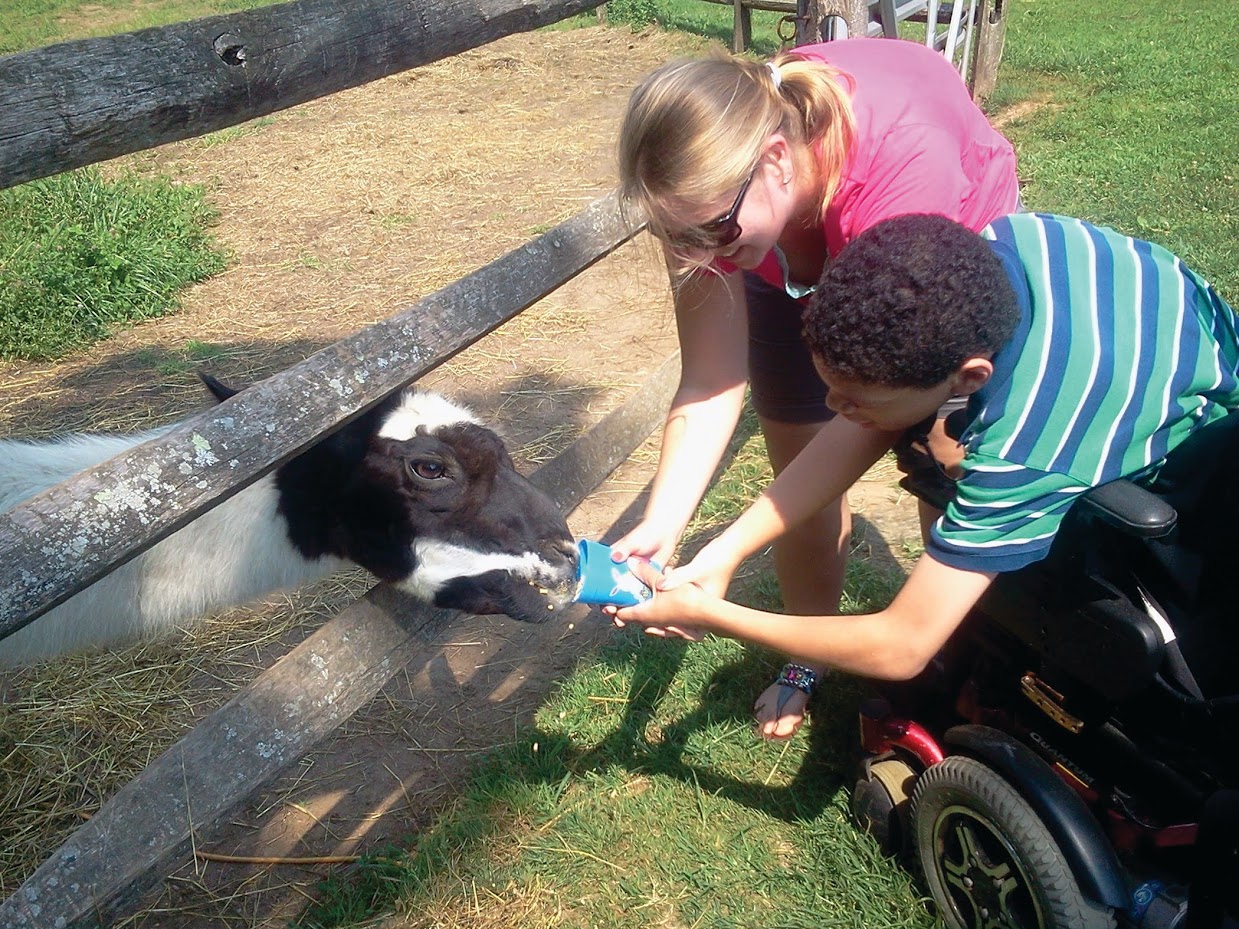 A student helps feed a farm animal