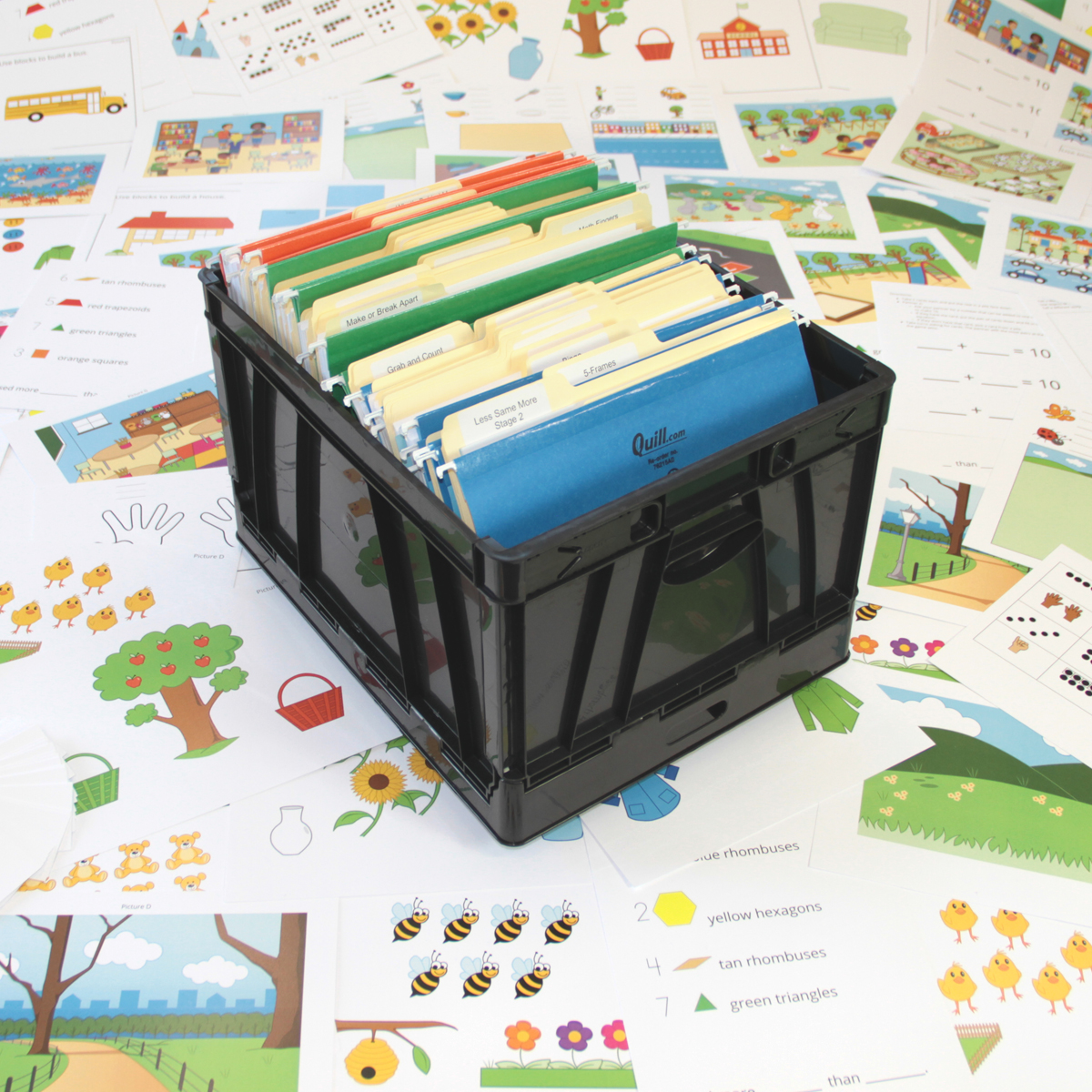 A sample kit, with hanging folders, worksheets, and organized in a crate