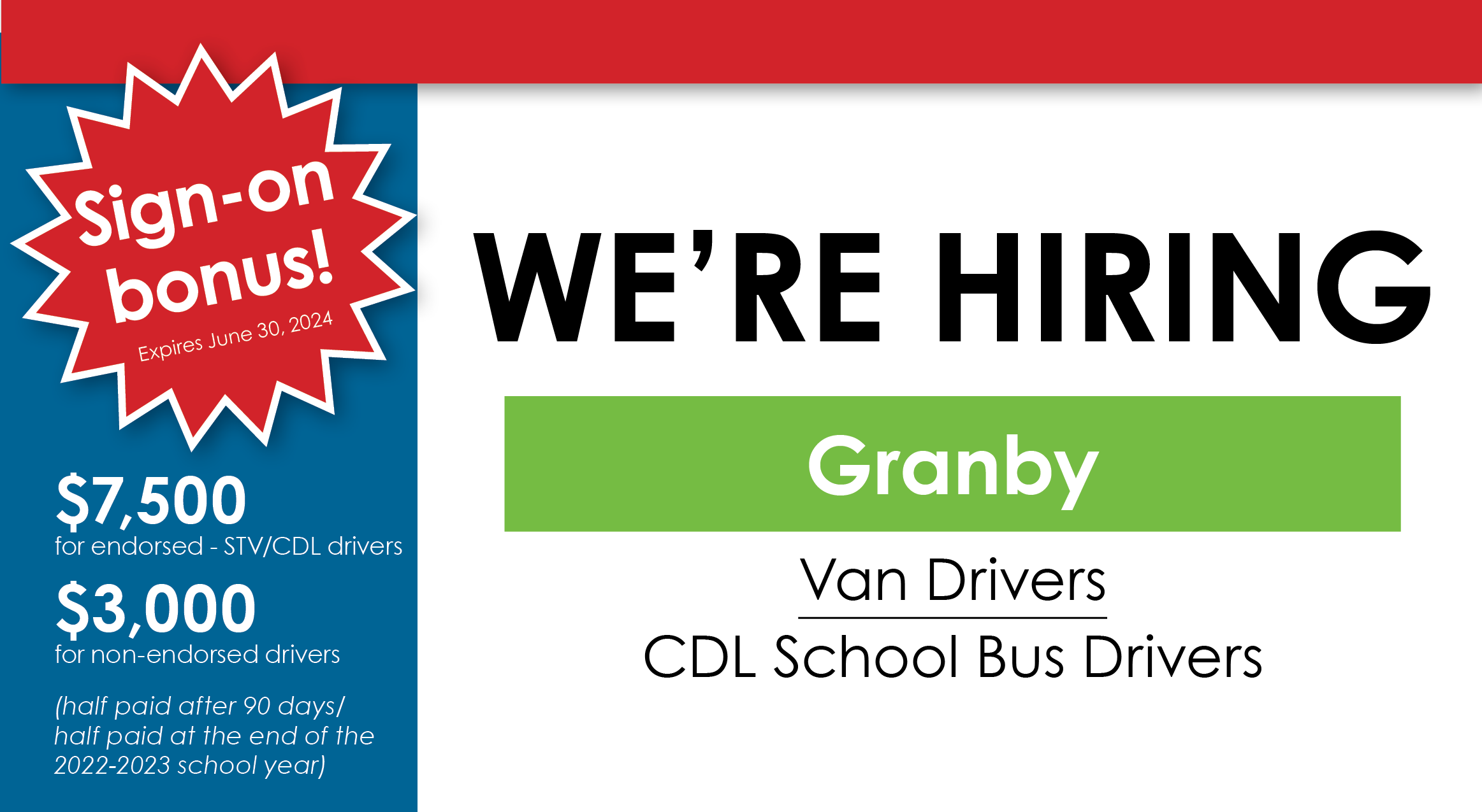 CREC is looking for Van Drivers in Granby and Hartford and CDL School Bus Drivers in Granby. There is a $7500 sign-on bonus for endorsed STV/CDL Drivers, and a $3000 bonus for non-endorsed drivers; half-paid after 90 days, half-paid at the end of the school year.
